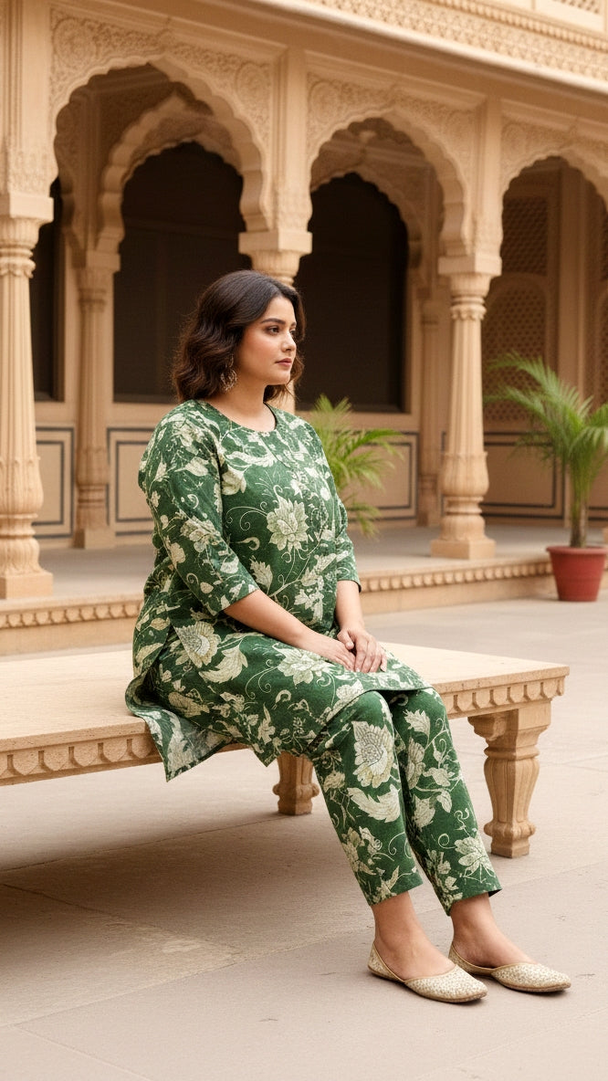 Plus Size Green Jungle Cotton Co-ord Set – Comfortable Everyday Wear for Women