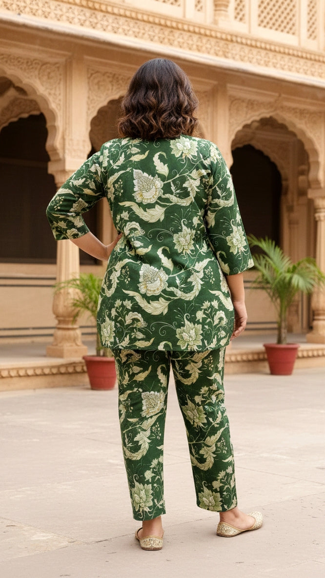 Plus Size Green Jungle Cotton Co-ord Set – Comfortable Everyday Wear for Women