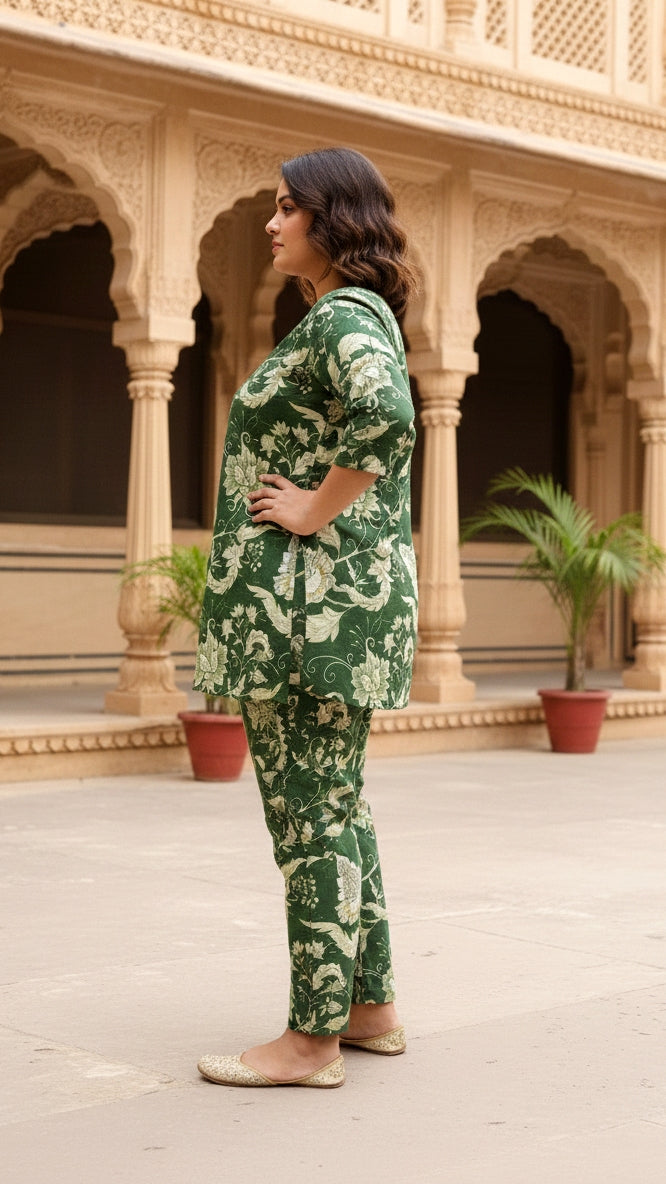 Plus Size Green Jungle Cotton Co-ord Set – Comfortable Everyday Wear for Women