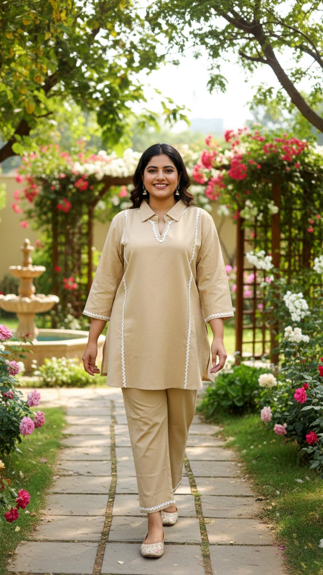 Plus Size Solid Beige Cotton Co-ord Set – Comfortable Everyday Wear for Women