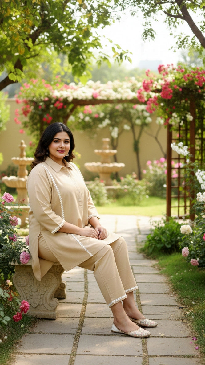 Plus Size Solid Beige Cotton Co-ord Set – Comfortable Everyday Wear for Women