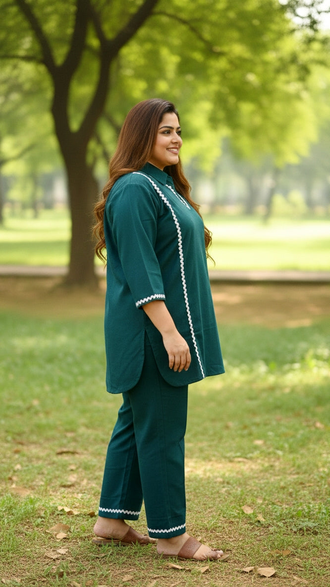 Plus Size Solid Green Cotton Co-ord Set – Comfortable Everyday Wear for Women