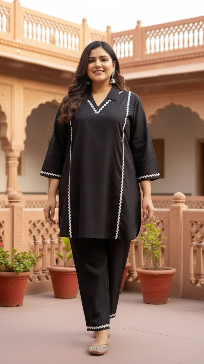 Plus Size Solid Black Cotton Co-ord Set – Comfortable Everyday Wear for Women
