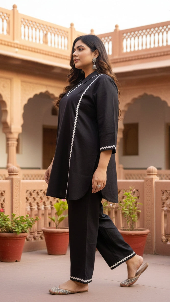 Plus Size Solid Black Cotton Co-ord Set – Comfortable Everyday Wear for Women