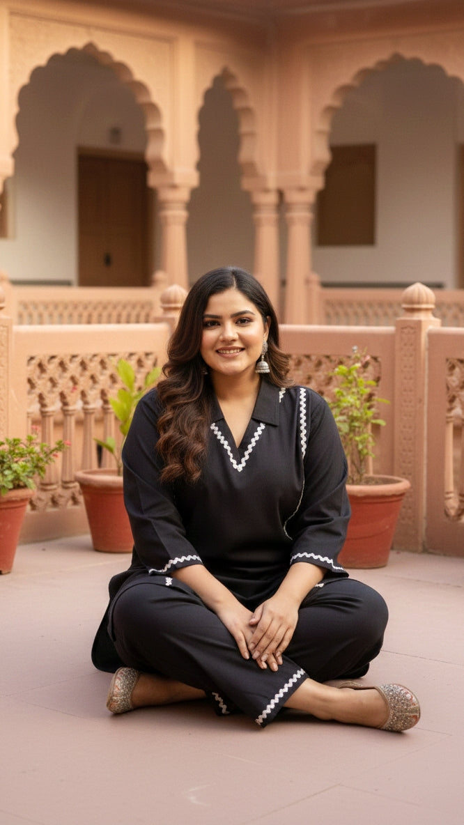 Plus Size Solid Black Cotton Co-ord Set – Comfortable Everyday Wear for Women