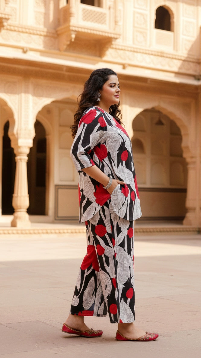 Plus Size Red & White Cotton Co-ord Set – Comfortable Everyday Wear for Women