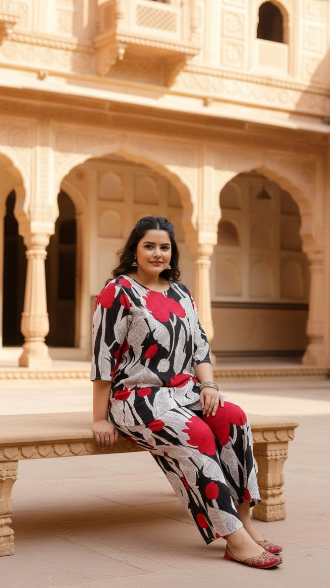 Plus Size Red & White Cotton Co-ord Set – Comfortable Everyday Wear for Women