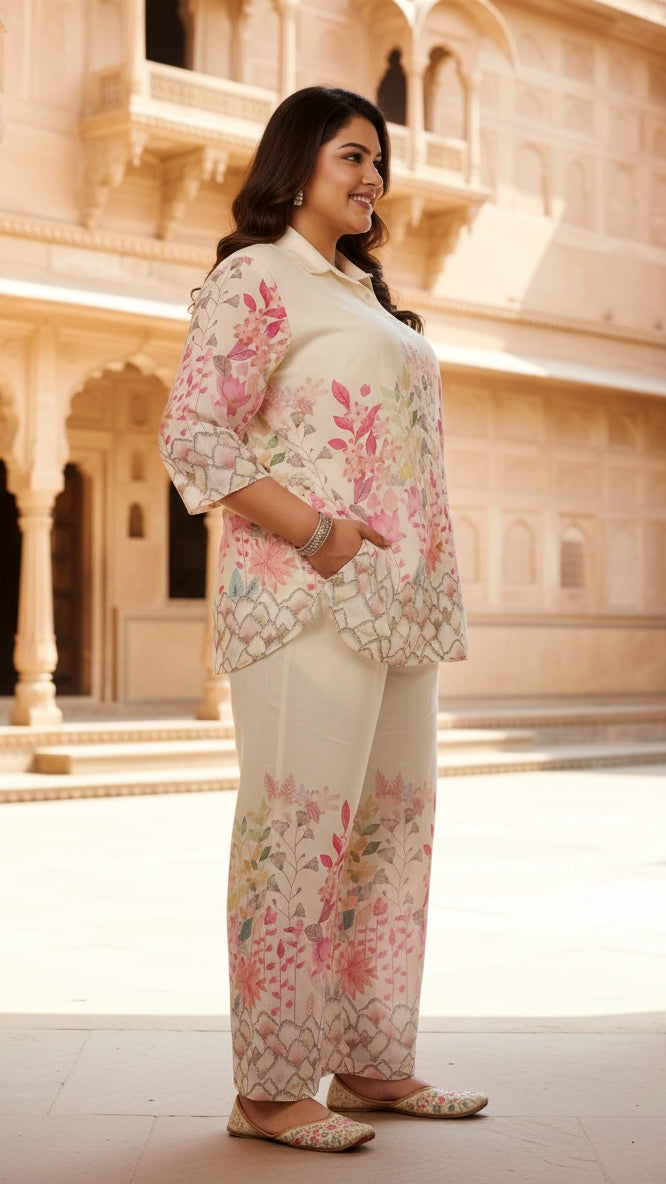 Plus Size Beige Jungle Cotton Co-ord Set – Comfortable Everyday Wear for Women