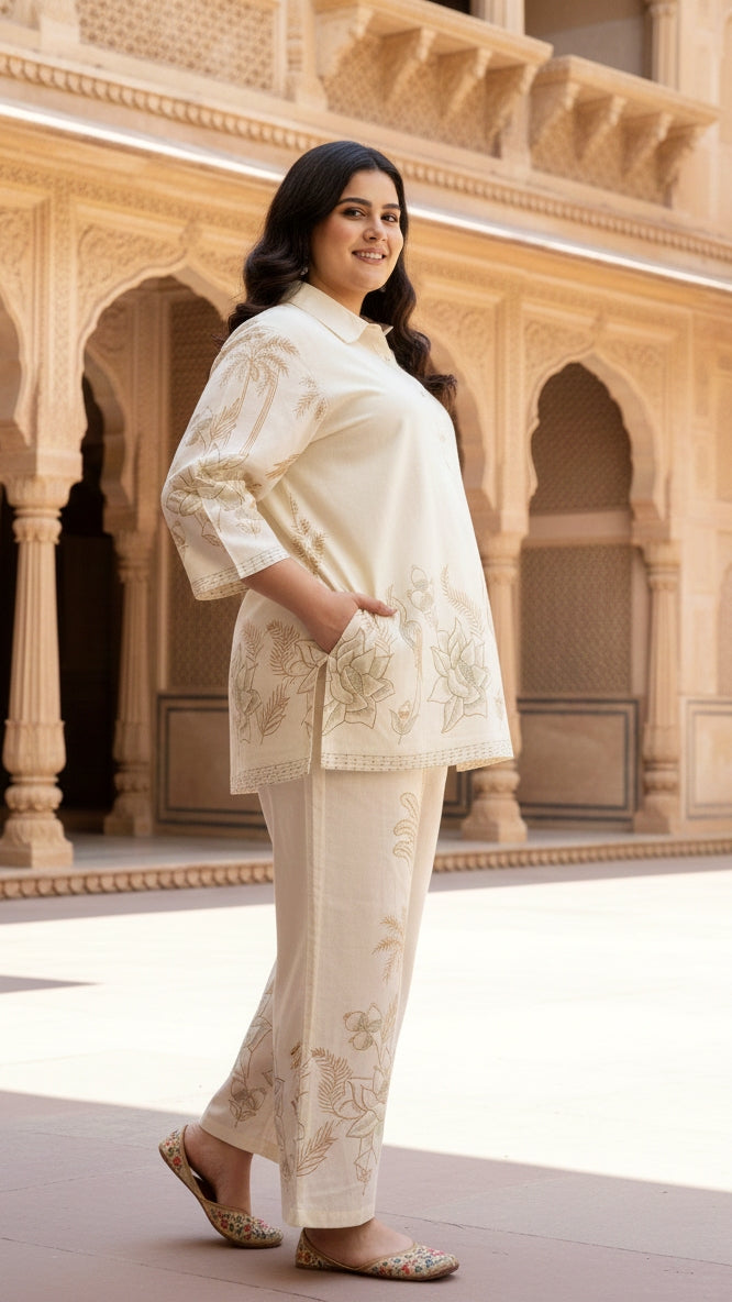 Plus Size Beige Ethnic Cotton Co-ord Set – Comfortable Everyday Wear for Women