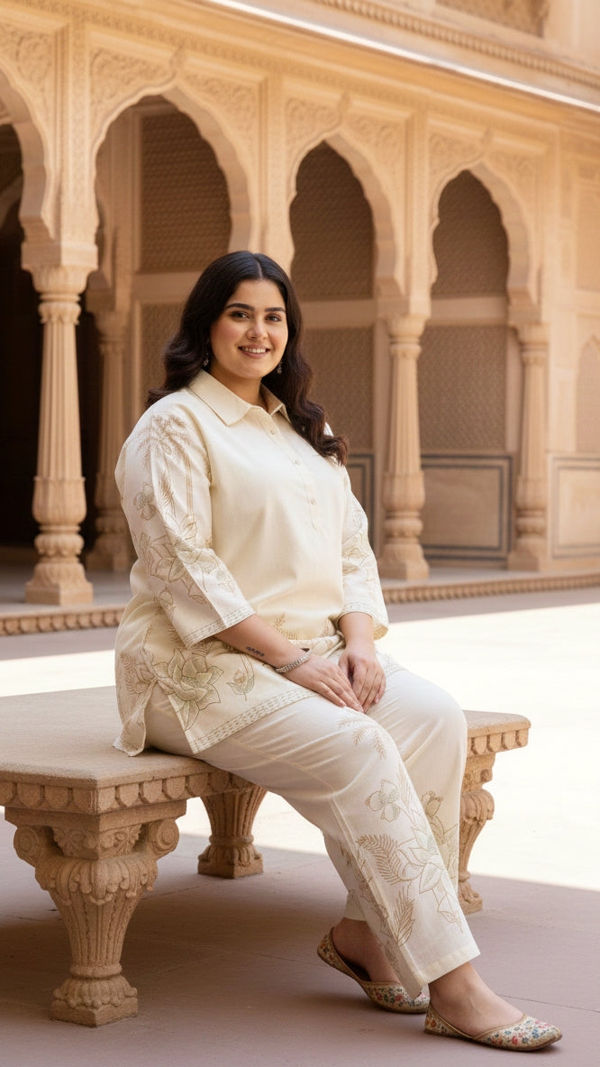 Plus Size Beige Ethnic Cotton Co-ord Set – Comfortable Everyday Wear for Women