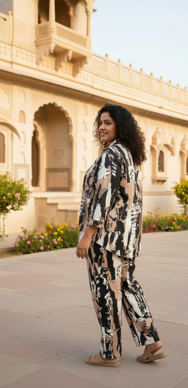 Black & Beige Abstract Print Co-Ord Set for Women | Relaxed Fit Shirt Top & Pant Set