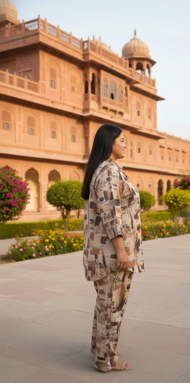 Brown & Beige Abstract Print Co-Ord Set for Women | Relaxed Fit Shirt Top & Pant Set