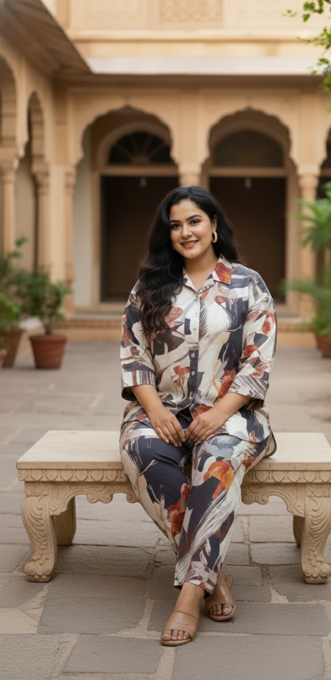 Beige & Rust Floral Printed Co-Ord Set for Women | Elegant Casual Wear Set