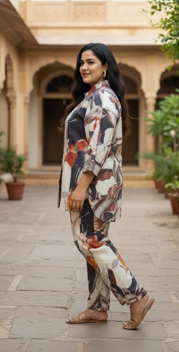 Beige & Rust Floral Printed Co-Ord Set for Women | Elegant Casual Wear Set