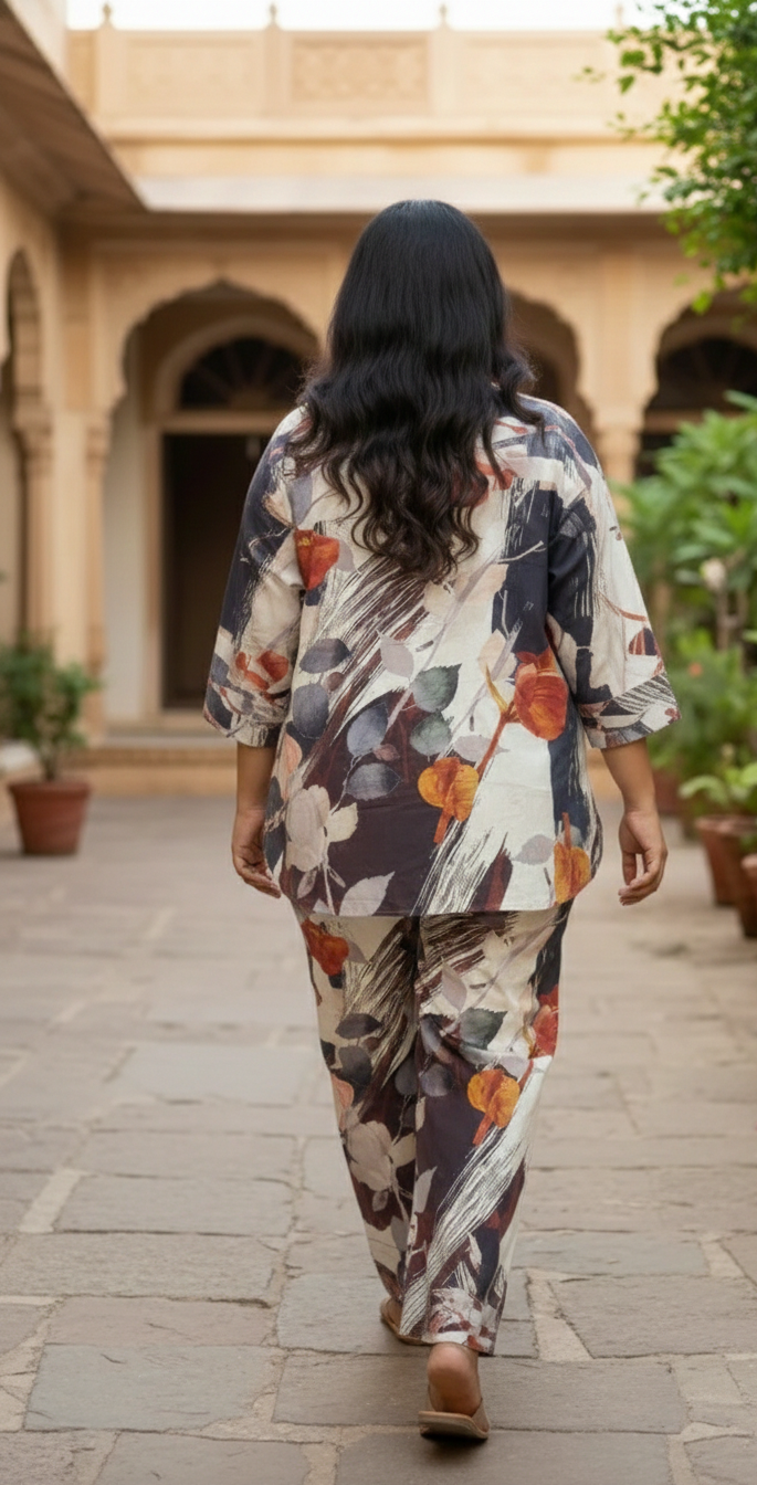 Beige & Rust Floral Printed Co-Ord Set for Women | Elegant Casual Wear Set