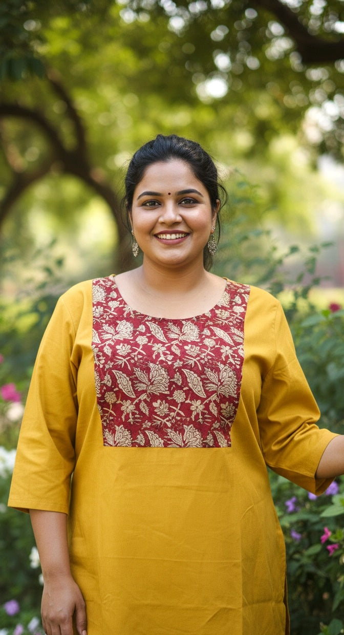 Women’s Mustard Yellow Kurta Pant Set with Printed Yoke | Comfortable Straight Kurta & Wide Pants