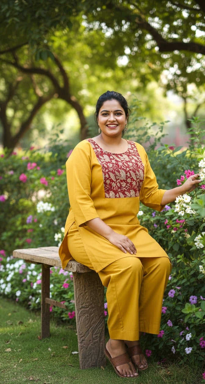 Women’s Mustard Yellow Kurta Pant Set with Printed Yoke | Comfortable Straight Kurta & Wide Pants