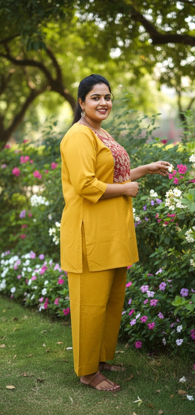 Women’s Mustard Yellow Kurta Pant Set with Printed Yoke | Comfortable Straight Kurta & Wide Pants