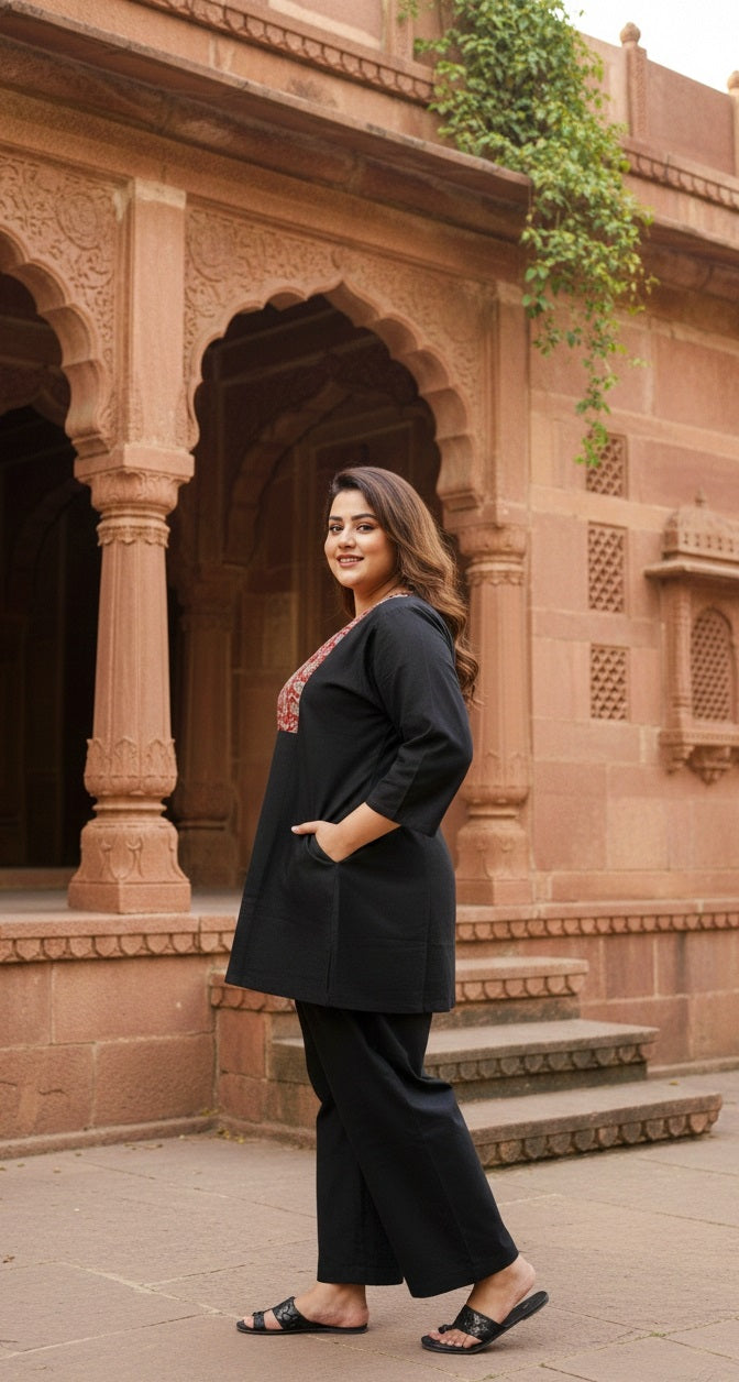 Women’s Black Kurta Pant Set with Printed Yoke | Straight Fit Kurta & Wide-Leg Pants Ethnic Wear