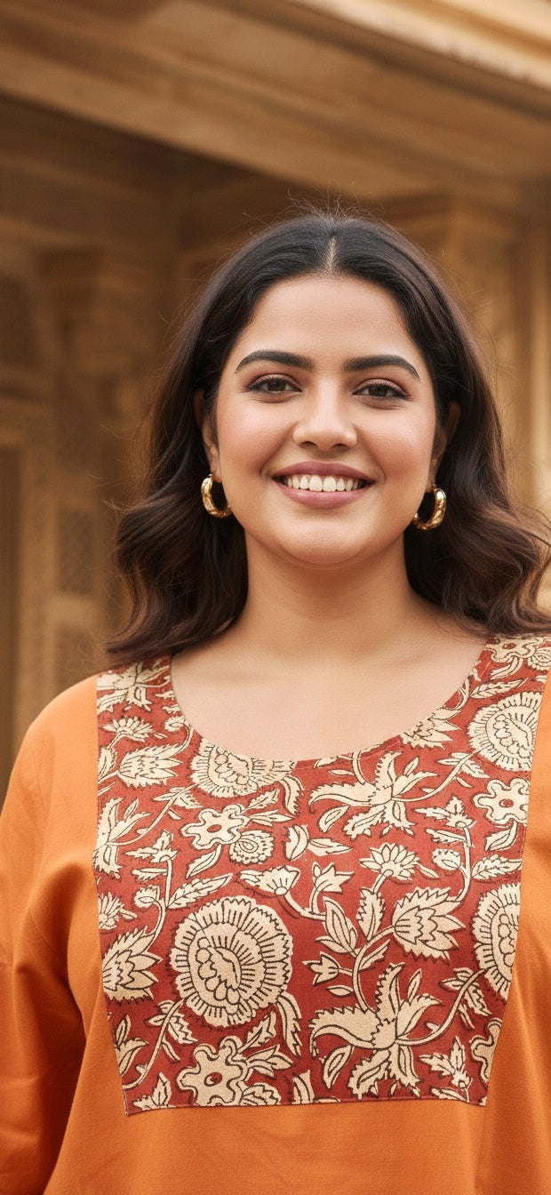 Women’s Rust Orange Kurta Pant Set with Printed Yoke | Straight Fit Kurta & Wide-Leg Pants Ethnic Wear