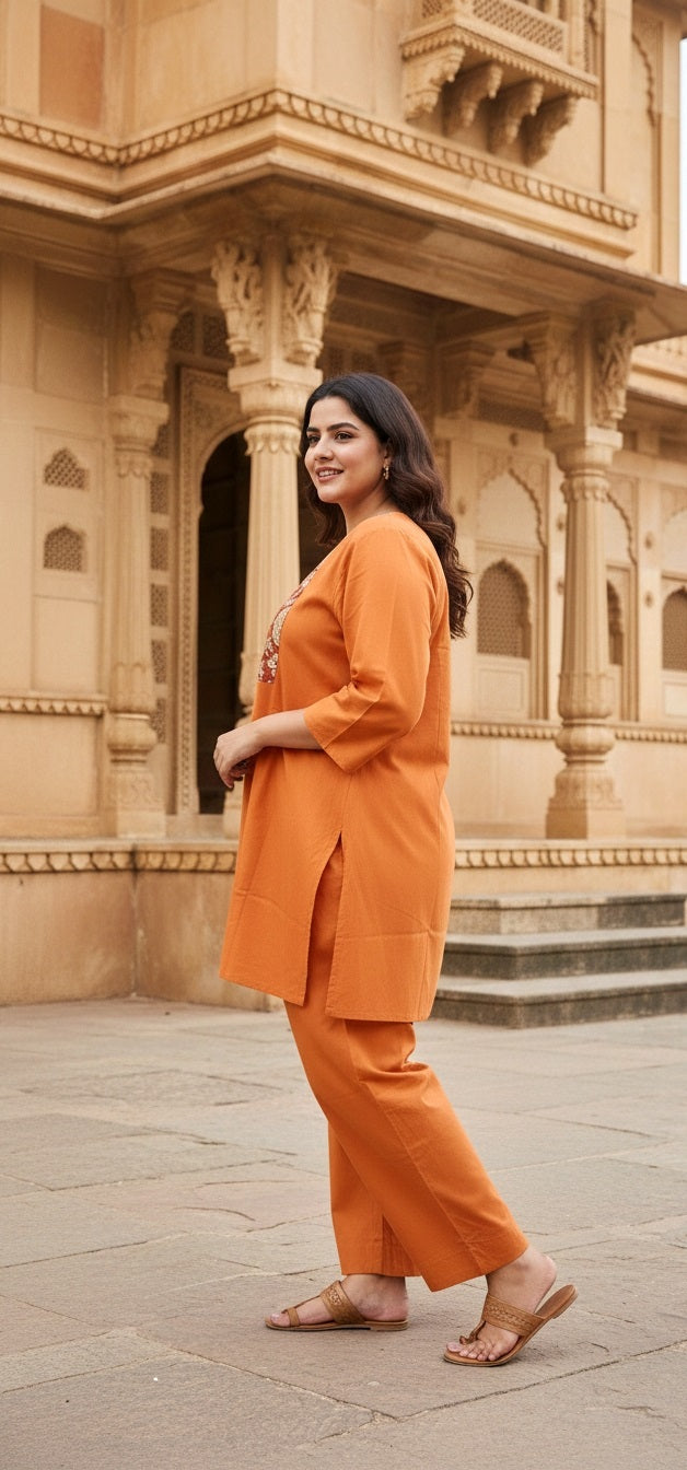 Women’s Rust Orange Kurta Pant Set with Printed Yoke | Straight Fit Kurta & Wide-Leg Pants Ethnic Wear