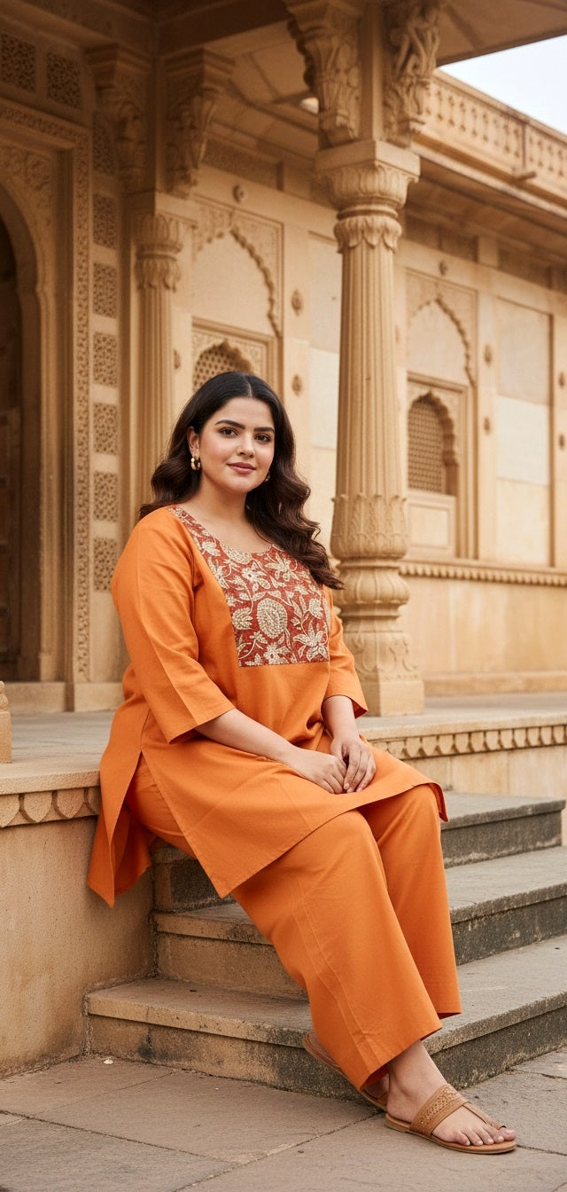 Women’s Rust Orange Kurta Pant Set with Printed Yoke | Straight Fit Kurta & Wide-Leg Pants Ethnic Wear