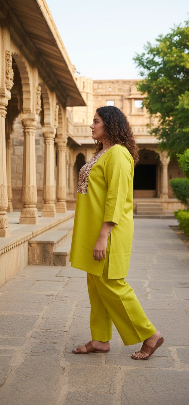 Women’s Lime Green Kurta Pant Set with Printed Yoke | Straight Fit Kurta & Wide-Leg Pants Ethnic Wear