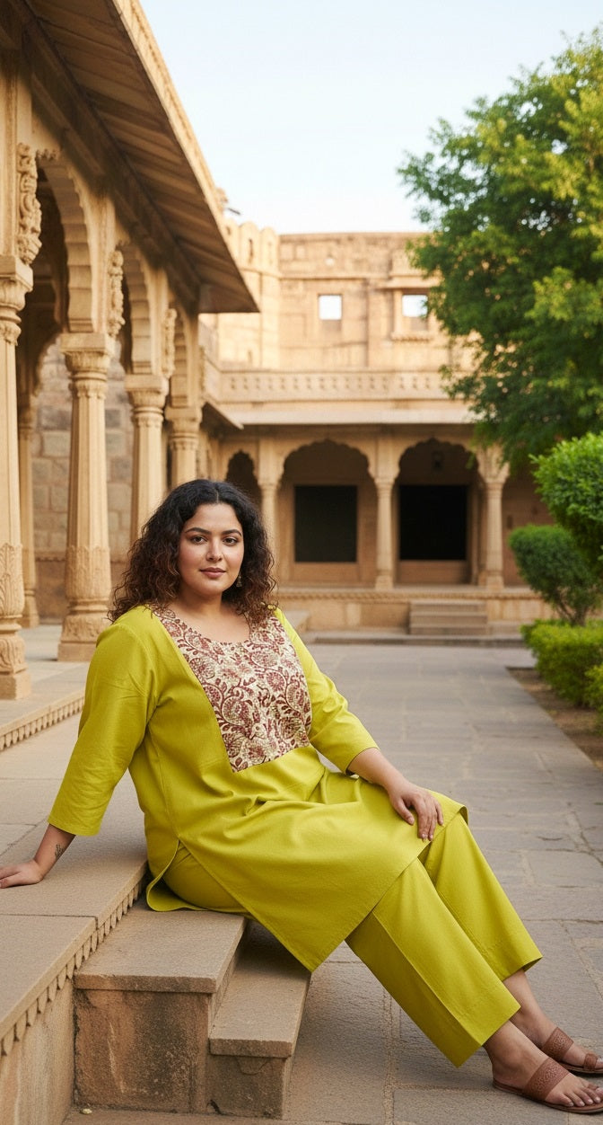 Women’s Lime Green Kurta Pant Set with Printed Yoke | Straight Fit Kurta & Wide-Leg Pants Ethnic Wear