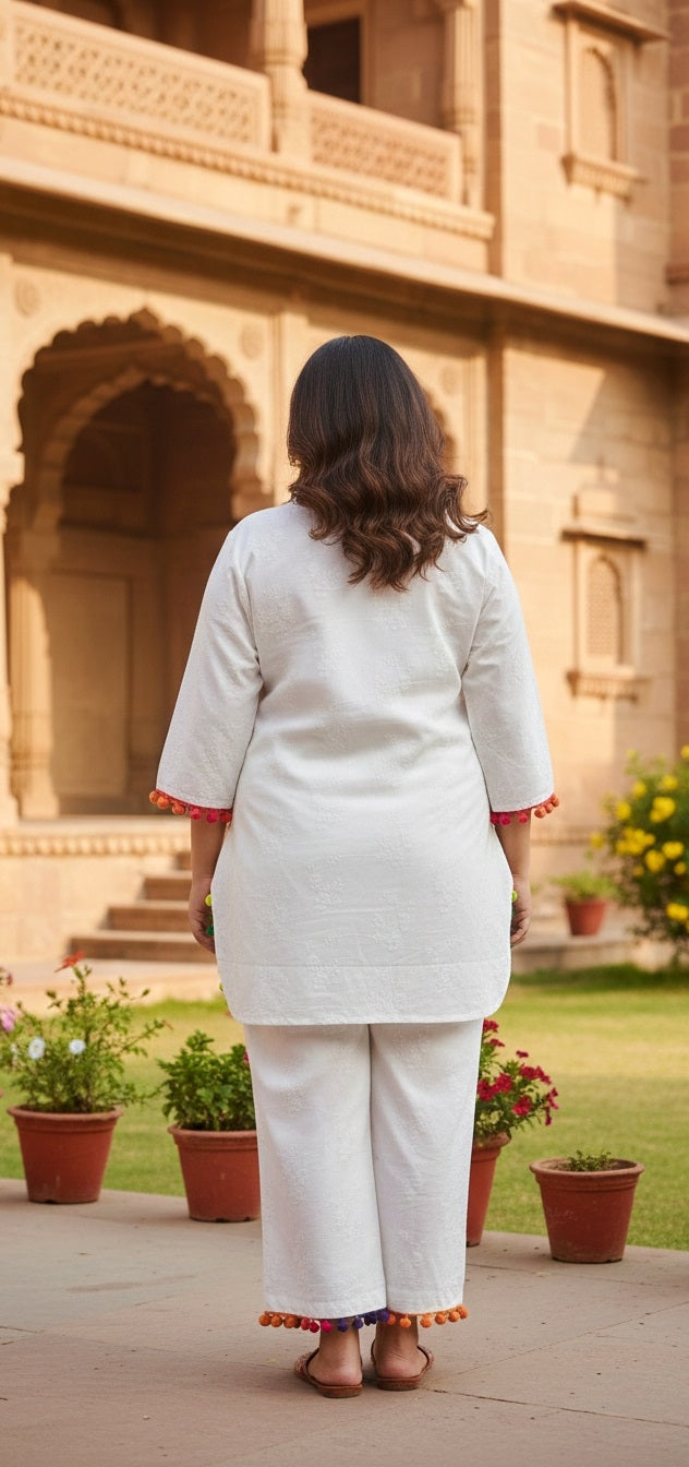 Women’s White Kurta Pant Set with Colorful Pom-Pom Border | Straight Fit Ethnic Co-Ord Set