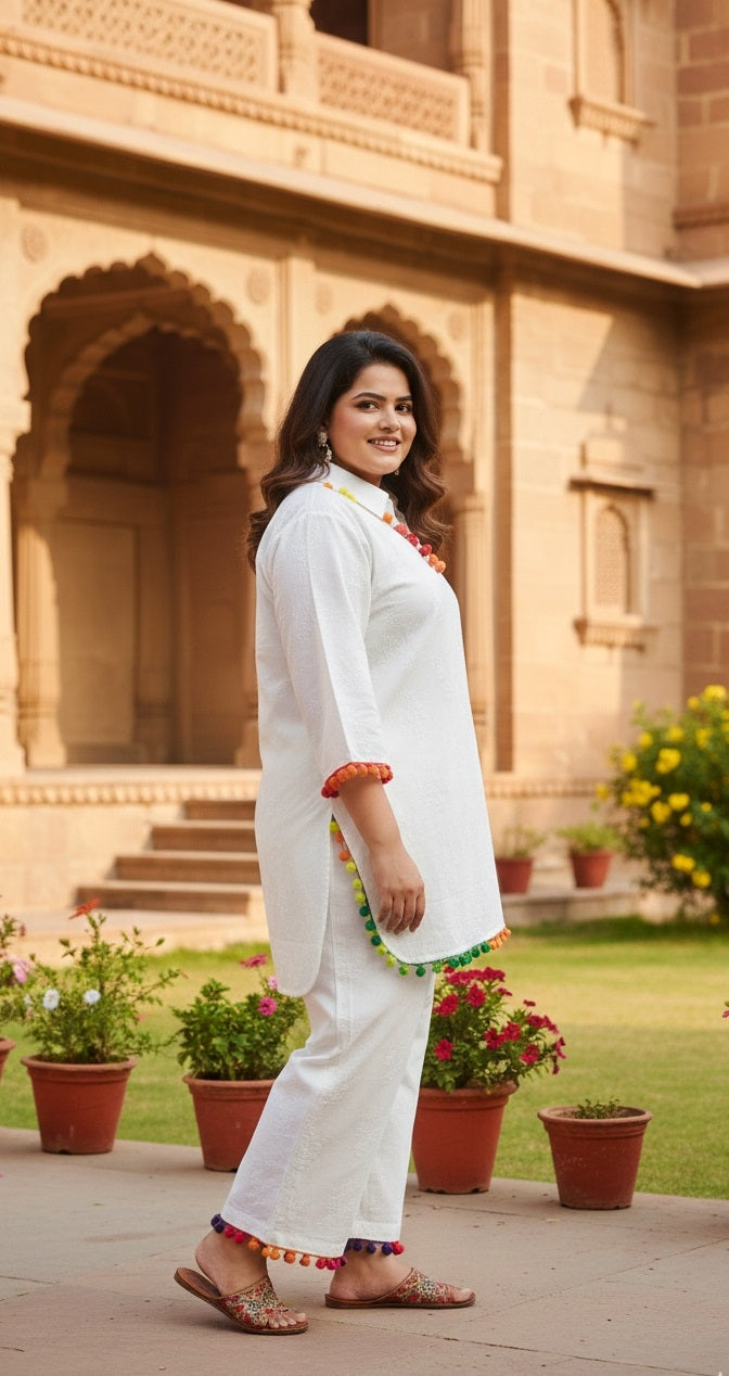 Women’s White Kurta Pant Set with Colorful Pom-Pom Border | Straight Fit Ethnic Co-Ord Set