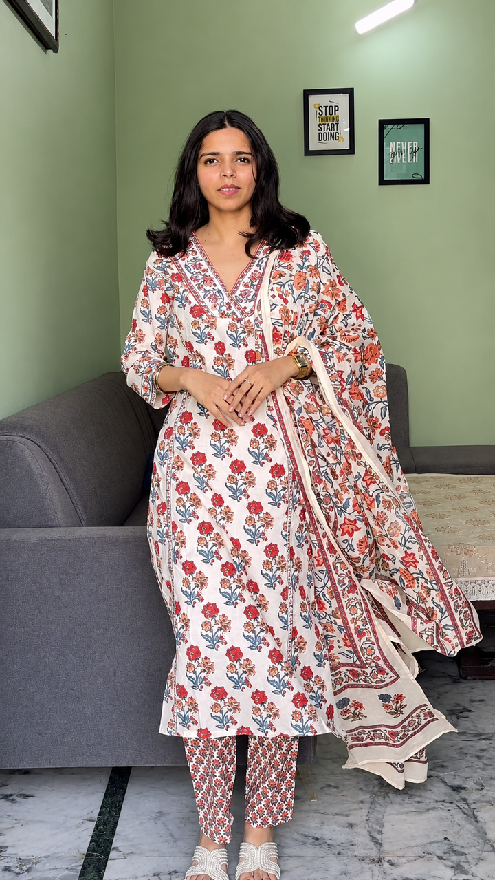Ivory Bloom Handblock Print Cotton Kurta Set with Dupatta