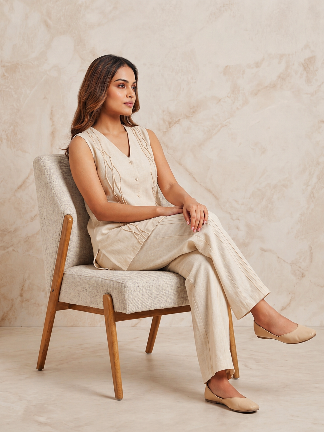 Beige Cotton Flex Co-Ord Set