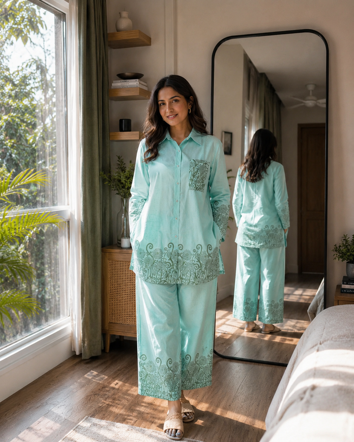Mint Meadow Cotton Co-ord Set – Elegant Border Print Ensemble