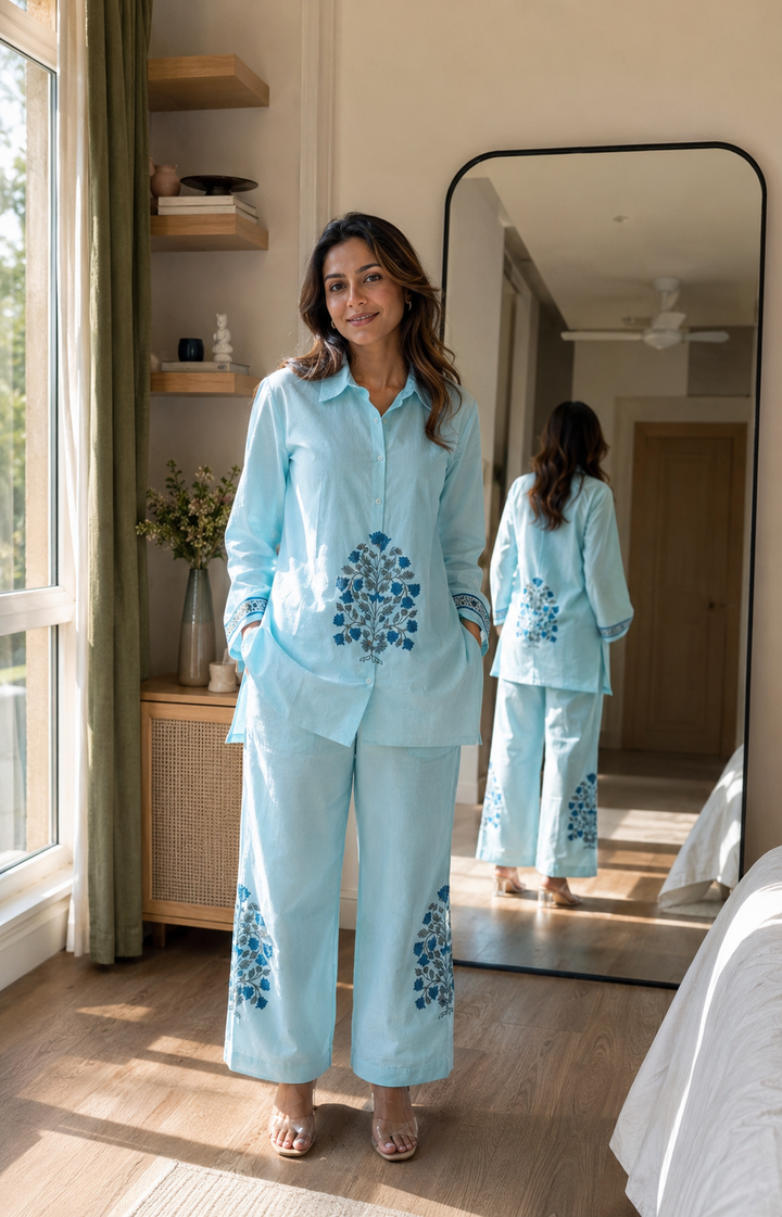 Aqua Bloom Cotton Co-ord Set – Floral Motif Relaxed Ensemble