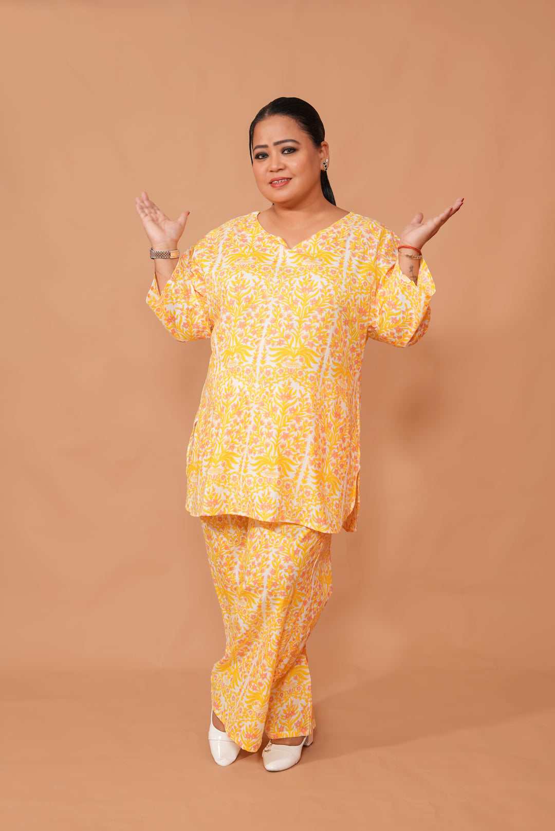 Plus Size Yellow Printed Cotton Co-ord Set – Comfortable Everyday Wear for Women