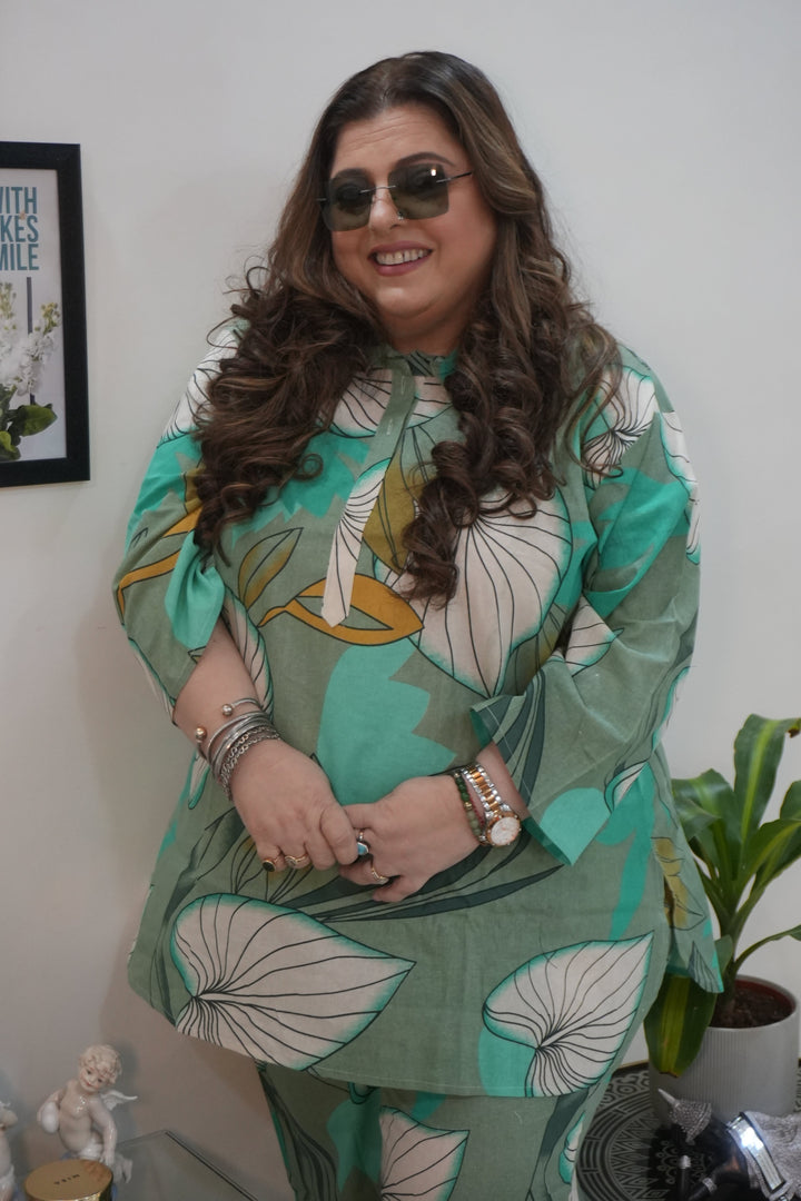 Plus Size Green Printed Cotton Co-ord Set – Comfortable Everyday Wear