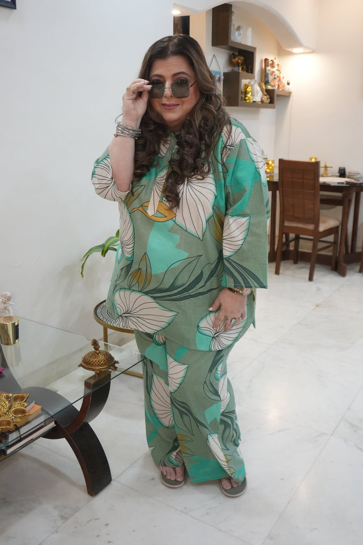 Plus Size Green Printed Cotton Co-ord Set – Comfortable Everyday Wear