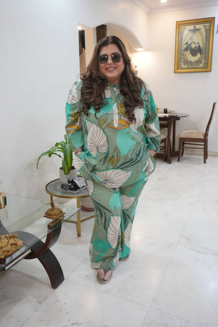 Plus Size Green Printed Cotton Co-ord Set – Comfortable Everyday Wear