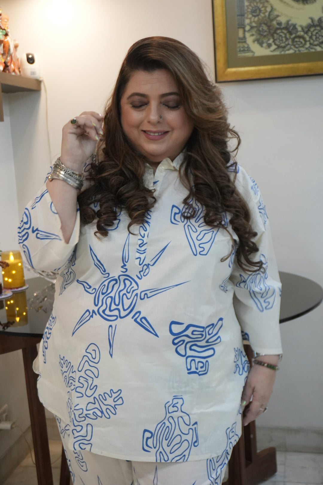 Plus Size Blue & White Cotton Co-ord Set – Comfortable Everyday Wear