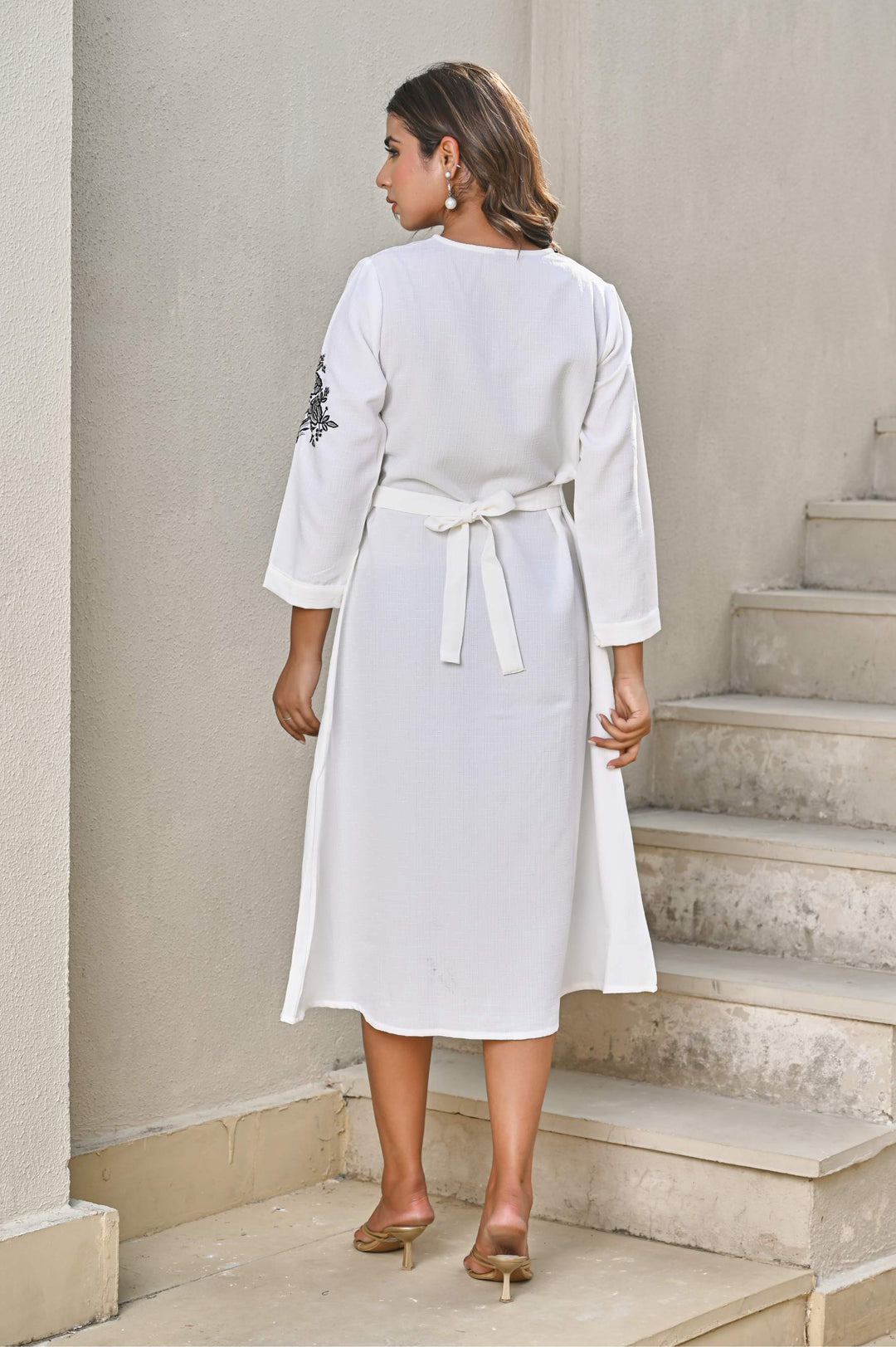 White Front-Button Cotton Dress  with Black Floral Embroidery
