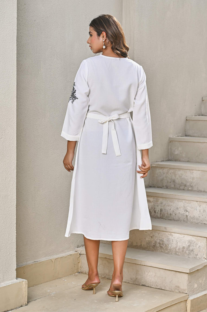 White Front-Button Cotton Dress  with Black Floral Embroidery