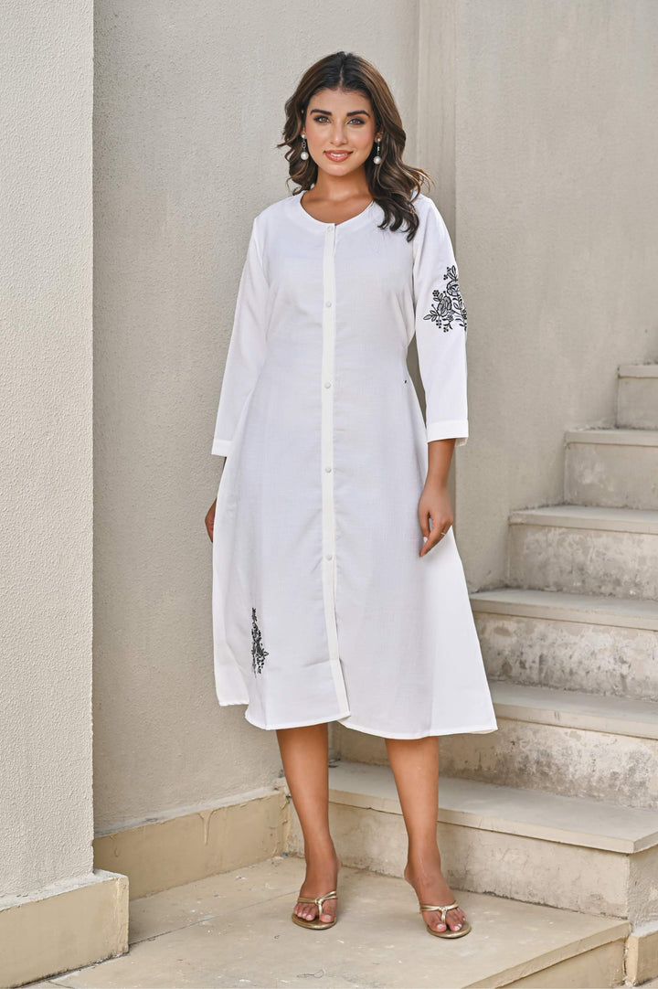 White Front-Button Cotton Dress  with Black Floral Embroidery