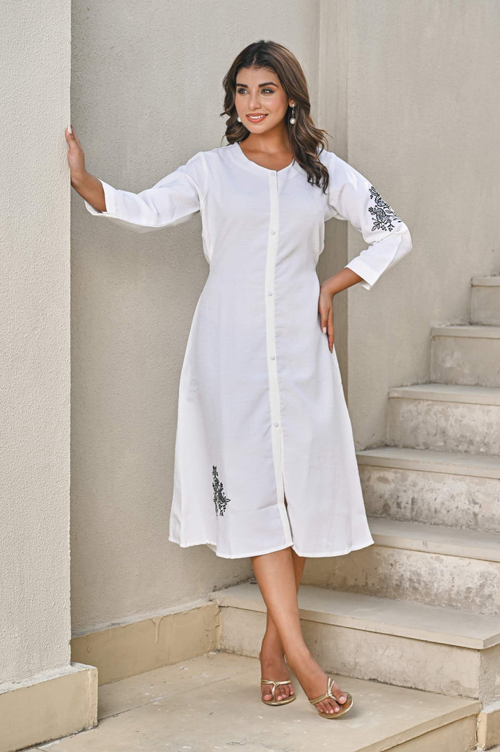 White Front-Button Cotton Dress  with Black Floral Embroidery