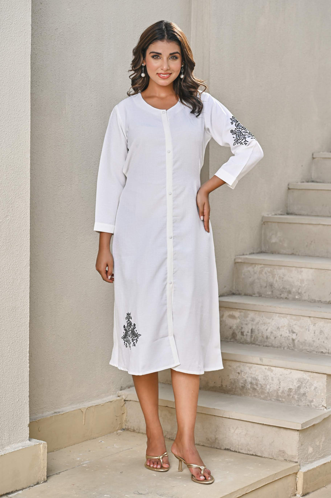 White Front-Button Cotton Dress  with Black Floral Embroidery