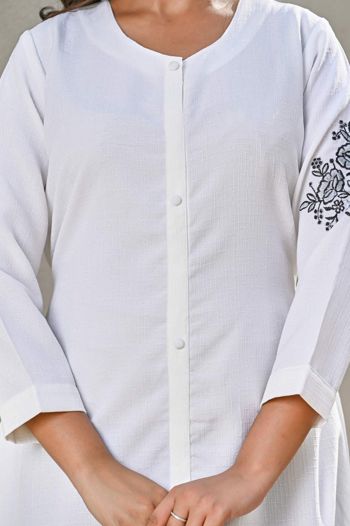 White Front-Button Cotton Dress  with Black Floral Embroidery
