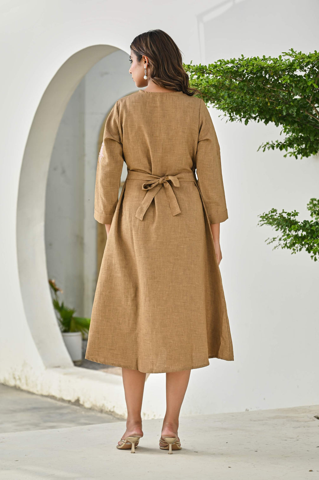 Elegant Brown A-Line Cotton Dress with Floral Embroidery