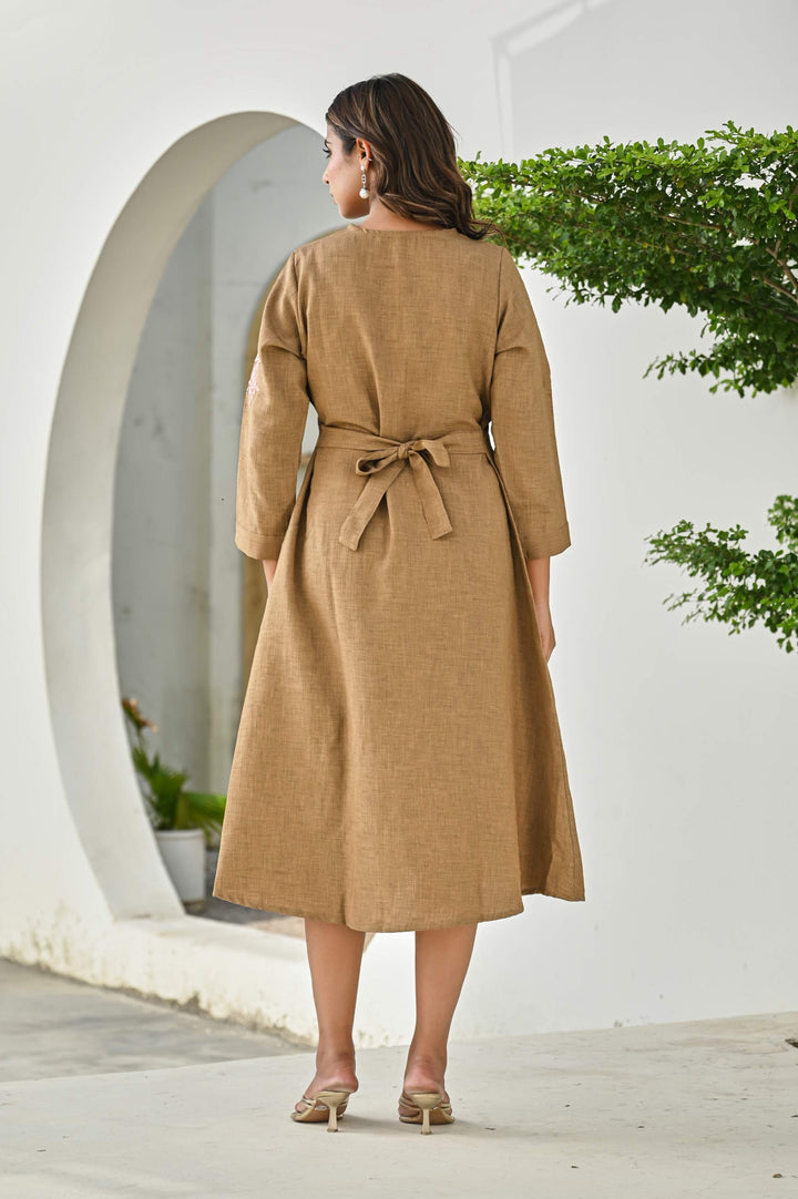 Elegant Brown A-Line Cotton Dress with Floral Embroidery
