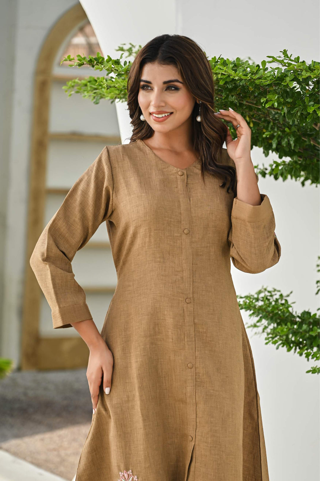 Elegant Brown A-Line Cotton Dress with Floral Embroidery