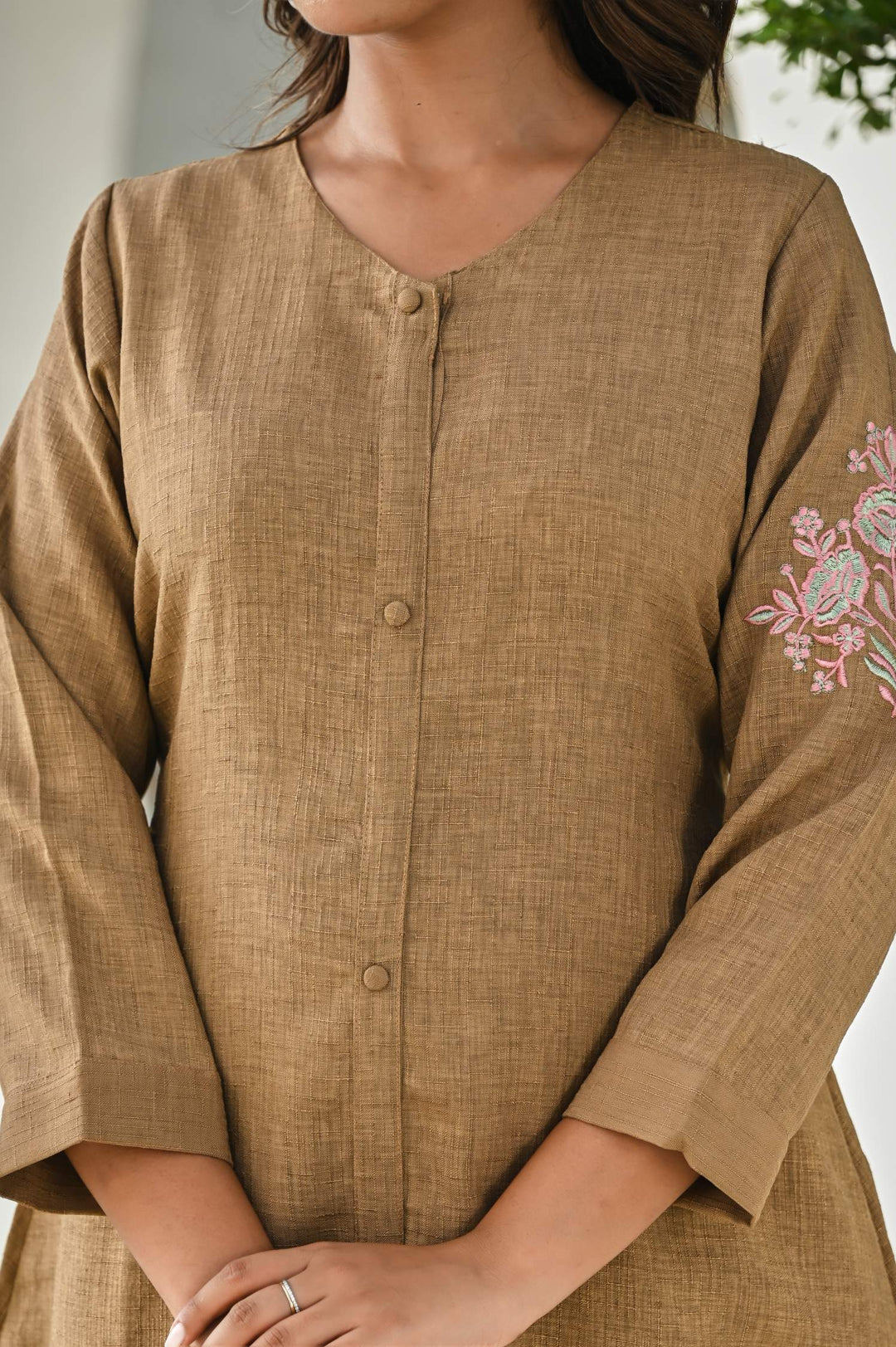 Elegant Brown A-Line Cotton Dress with Floral Embroidery