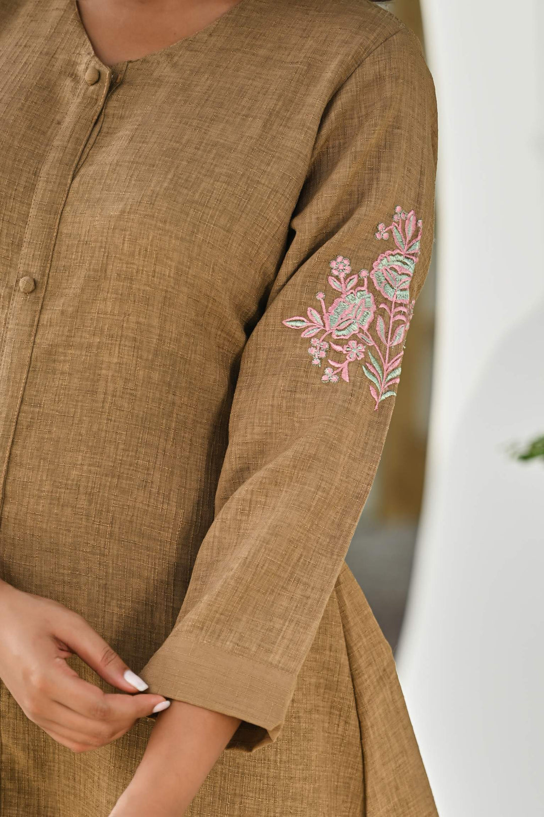 Elegant Brown A-Line Cotton Dress with Floral Embroidery